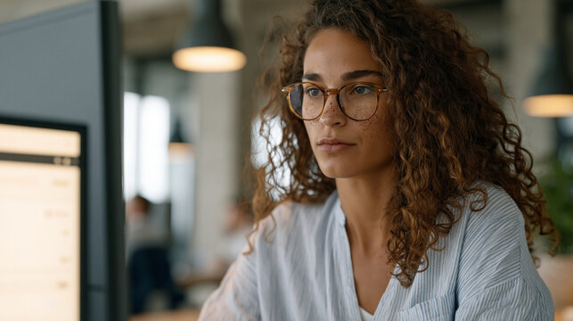 Senior content moderator in an industrial open-plan office scanning a live dashboard of AI-flagged posts, her expression focused and fatigued, a large secondary monitor showing