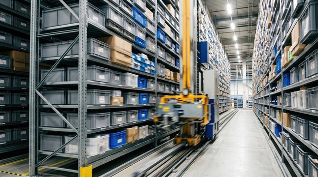 Automated storage and retrieval system in a modern warehouse facility, industrial logistics technology for efficient inventory management and supply chain automation