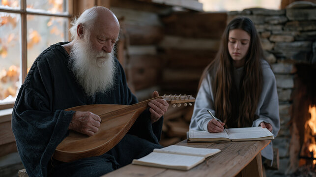 Weathered folklorist with calloused fingers plucks a mountain dulcimer beside a crackling hearth in an Appalachian cabin while teenage apprentice transcribes lyrics into a field