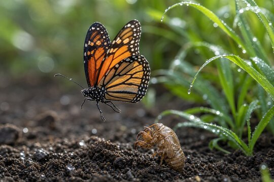Vibrant butterfly taking flight beside an empty cicada shell in soil.