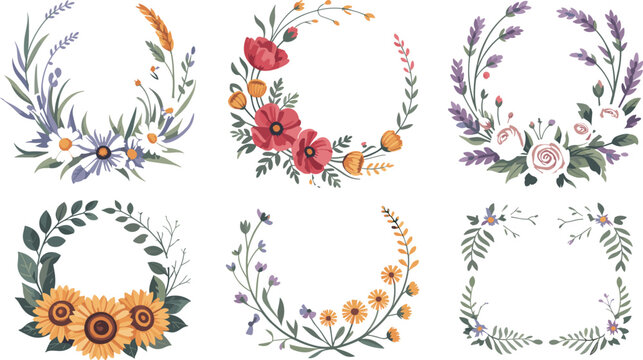 Elegant Floral Wreath and Border Vector Set Featuring Sunflowers, Red Poppies, Lavender, Daisies, and Green Leaves for Wedding Invitation Graphic Designs