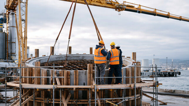 Ocean thermal energy conversion cold water pipe concrete anchor being cast at coastal fabrication yard, rebar cage visible within massive formwork, construction workers on scaffolding placing concre