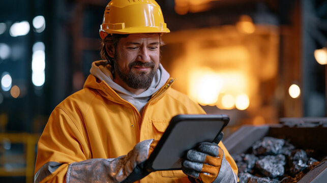 Steelworker reviewing hydrogen direct reduction ironmaking process data on ruggedized tablet at plant floor level, direct reduced iron pellets visible in hopper beside him, hard hat and heat resista