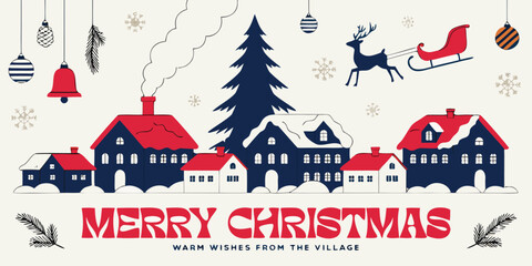 Christmas village illustration with houses, pine trees, and reindeer pulling a sleigh, warm wishes from the village. © SarwarGfx