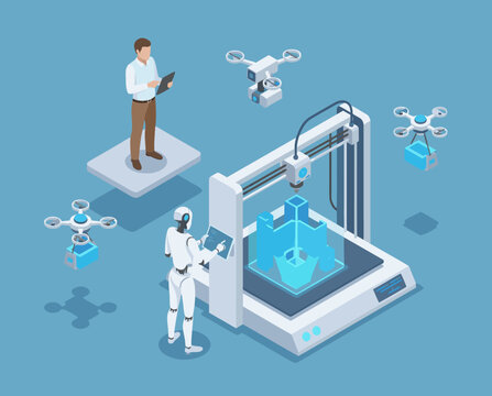 Isometric 3d printing technology with robot drone delivery and city model
