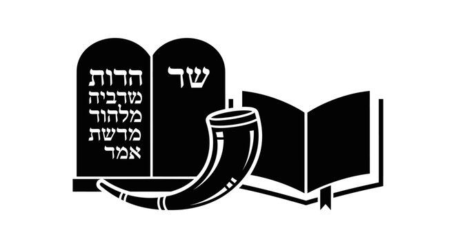 Black and white illustration of Jewish religious symbols including tablets of the law, a shofar, and an open book.