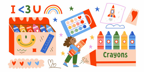 Crayons And Childhood Art Supplies Colorful Vector Illustration © gita