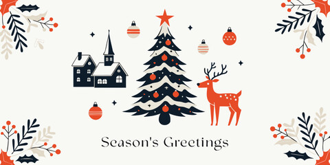 Season's greetings with festive christmas tree reindeer and quaint village illustration. © SarwarGfx