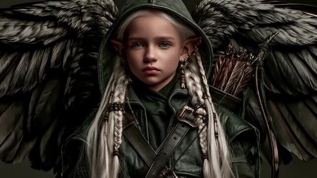 Europe medieval lifestyle. A detailed digital artwork depicts a young girl with pale skin and long, white, braided hair. She wears a green hooded cloak and a leather jacket with a belt and pendant.