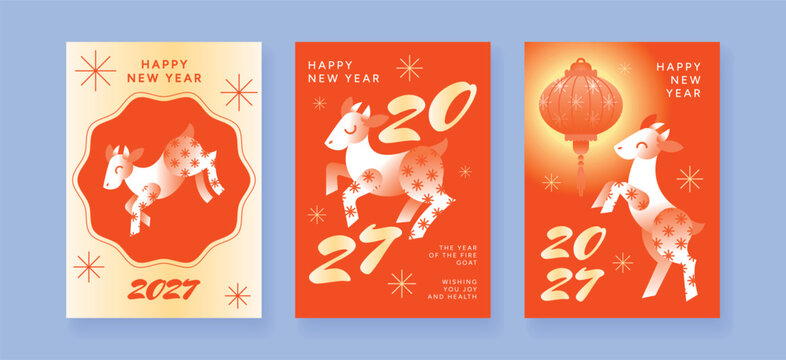 Chinese New Year 2027 Card set shows cute Fiery Goat and Ram with red Lantern, snowflake ornaments and zodiac greeting posters on blue background. Festive flat Vector illustration