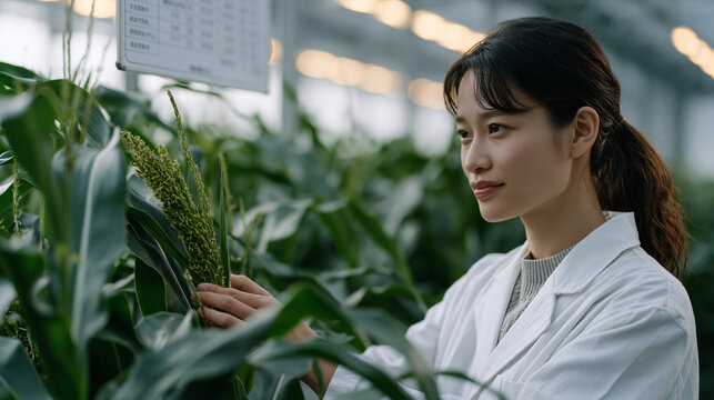 Plant geneticist in greenhouse isolation chamber hand-pollinates gene-edited drought-tolerant maize variety, growth data logged on a hanging whiteboard showing comparative ear