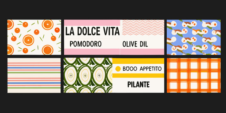 Assorted patterned rectangles vector illustrations with food themed motifs