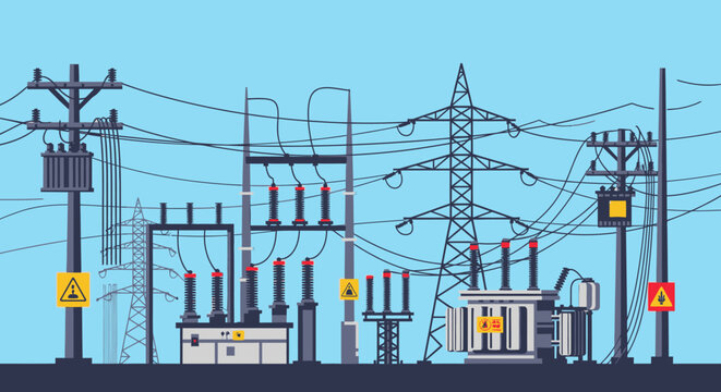 Flat vector illustration of an electrical power substation with transmission towers and power lines.