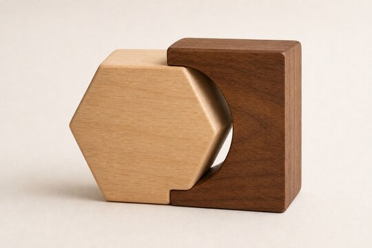 Two minimalist wooden geometric shapes, convex and concave, interlocked.