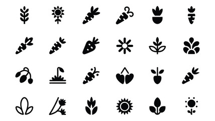 Fototapeta premium Gardening icons depict various plants and tools in a set of black and white illustrations.