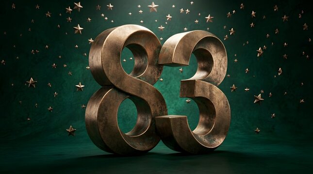 Eighty-three is rendered as a large metallic number standing against a dark green textured backdrop with floating golden stars.