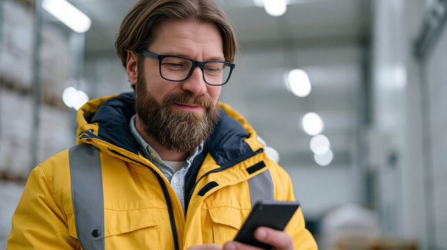 Cold storage facility manager checking IoT temperature sensor arrays mounted inside a produce refrigeration unit, a mobile dashboard showing real-time readings from forty