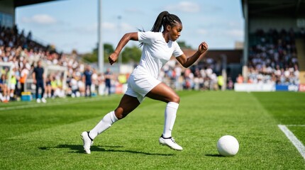 Naklejka premium Black woman soccer player running with ball on green grass pitch. Athlete playing football match in stadium. Professional sport competition, active lifestyle and healthy fitness concept.