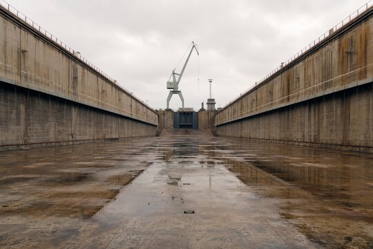 Vast empty concrete drydock with reflections on the ground.