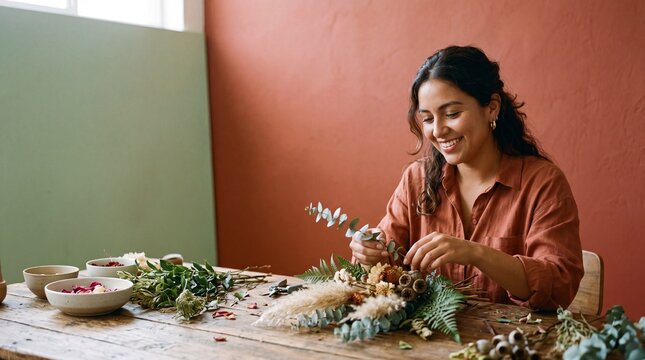 India woman arranging dried flowers and eucalyptus on rustic table, smiling and focused, warm aesthetic mood board with natural textures and bohemian floral styling