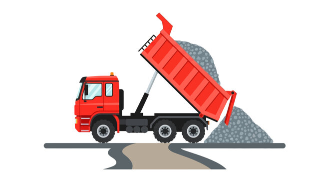 Red Dump Truck Unloading Gravel Illustration. Flat Vector Icon of Construction Tipper Truck Discharging Stones. Industrial Vehicle for Road Work and Building Projects Isolated.