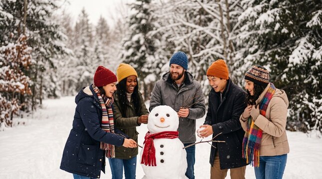 Diverse group of friends builds smiling snowman in snowy forest, laughing and wearing winter coats, knit hats and colorful scarves while enjoying playful outdoor winter moment