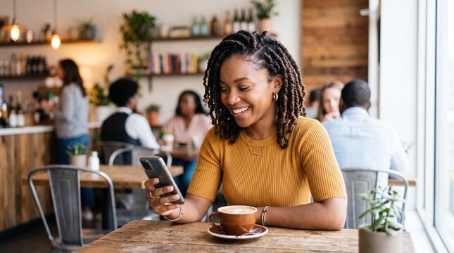 Smiling woman with smartphone and coffee in cozy cafe, natural light, casual outfit, relaxed mood, candid portrait