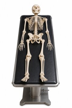 Complete human skeletal model on anatomical dissection table, joints visible, clean white background.