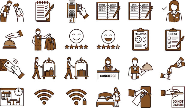 Hotel and Hospitality Service Icon Set with Concierge, Bellboy, Luggage Cart, Room Service, Feedback, Wifi, and Do Not Disturb Signs