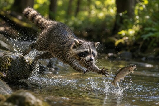 Raccoon by a stream, paws slipping as it tries to catch a fish in dappled sunlight.