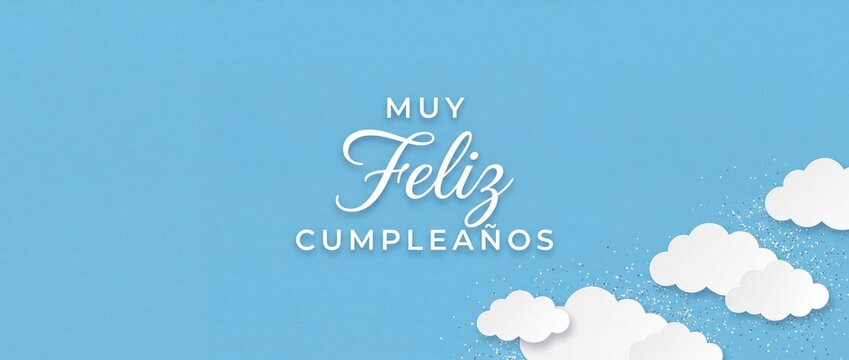 Feliz Cumpleanos Spanish Greeting Card with White Paper Cut Clouds and Silver Glitter Sparkles on Blue Sky Background, Celebratory Birthday Banner Design