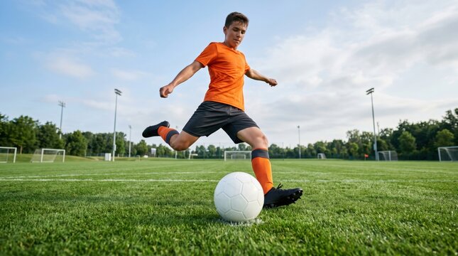 Teenage boy soccer player kicking ball on green grass field. Young athlete training for game on pitch during sunny day. Sport activity, active exercise and health competition concept.