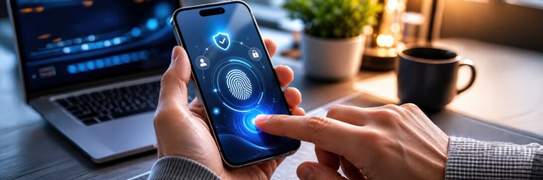 Person using smartphone with biometric authentication and cybersecurity interface near laptop workspace, digital security, privacy protection