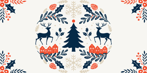Christmas holiday design with reindeer, festive houses, and holly in a circular arrangement. © SarwarGfx