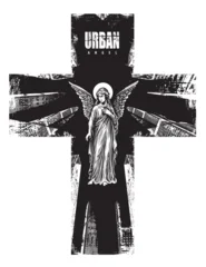 Vector banner with angel and Christian cross on the background of the cityscape. About urbanism, street art, apocalypse and religion. Design for t-shirt, tattoo, poster, music cover. © paseven