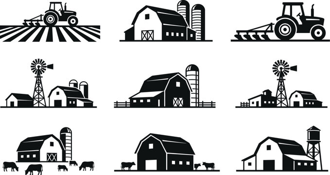 Vintage farm and agriculture icon collection featuring barns tractors silos and rural farming landscape illustrations