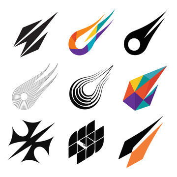 Collection of abstract comet and meteor logo icons with geometric shapes and colorful gradients.