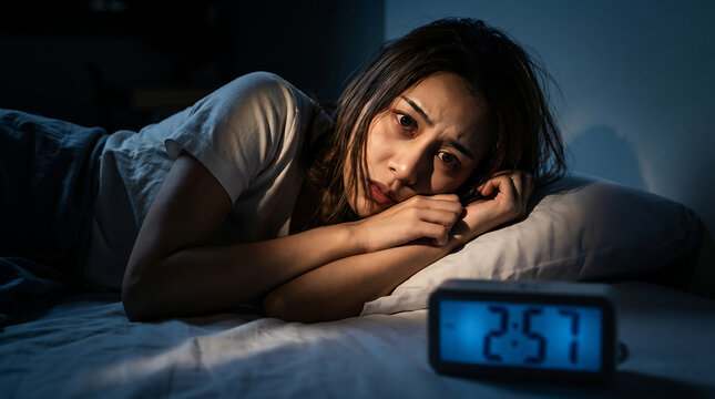 Woman lying in bed watching late night television feeling emotional and contemplative in dimly lit bedroom