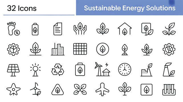 A set of black and white line art icons depicting various sustainable energy solutions and eco-friendly concepts