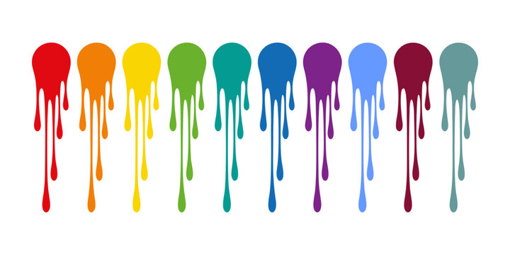 A vibrant row of ten colorful paint drips in a rainbow spectrum, with each color forming a circular top and multiple dripping streams on a white background.