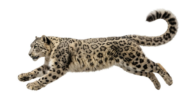 Snow Leopard mid-leap, stalking prey, isolated on transparent or white background