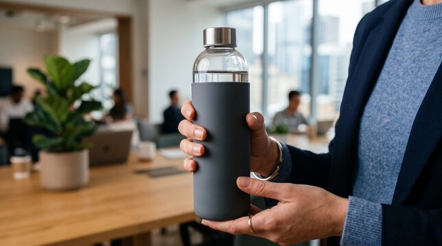 Person holding a reusable water bottle in a modern office environment with blurred colleagues working in the background Black Friday