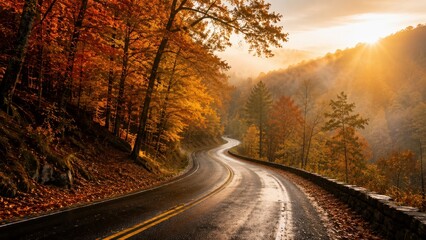 Naklejka premium Winding mountain road through vibrant autumn forest at sunrise, scenic countryside landscape, travel adventure, nature destination