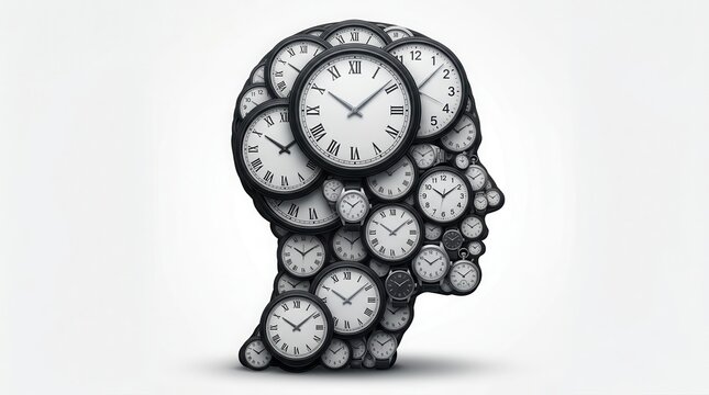 A creative visualization of time and thought using a cluster of diverse analog clocks.