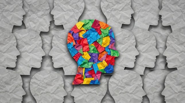 Diverse neurodivergent identity featuring a bright rainbow paper profile among grey textured heads.