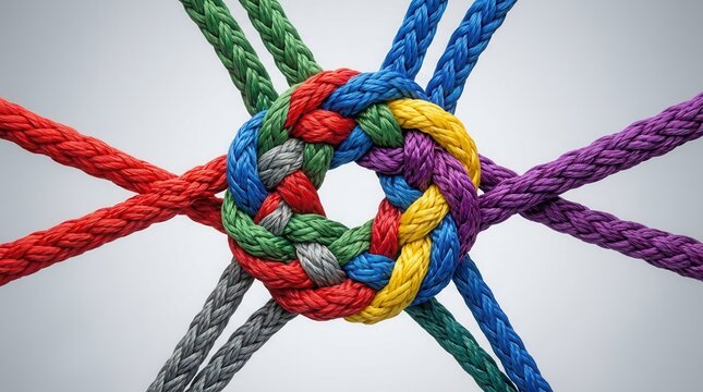 Strong central network connection created by interlocking vibrant colored ropes.