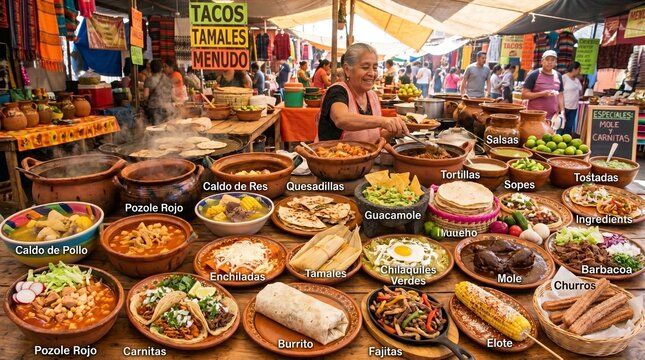 Tacos, Burritos, Enchiladas, Tamales, Quesadillas, Chilaquil, Guacamole, Nachos, Tortillas, Pozole, Sopes, Tostadas, Mole, Fajitas, Elote, Menudo, Flautas, Caldo dRes,Carbaconitas,Churbaconitas