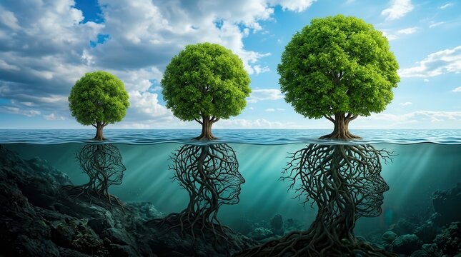 A visual metaphor for psychotherapy illustrating the subconscious and conscious mind through tree growth.