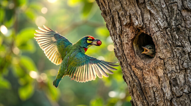 Coppersmith barbet in flight delivering a red berry to its chick in a tree cavity nest.