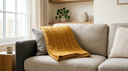 Fototapeta premium Cozy Living Room Sofa with Yellow Throw Blanket and Decorative Items.